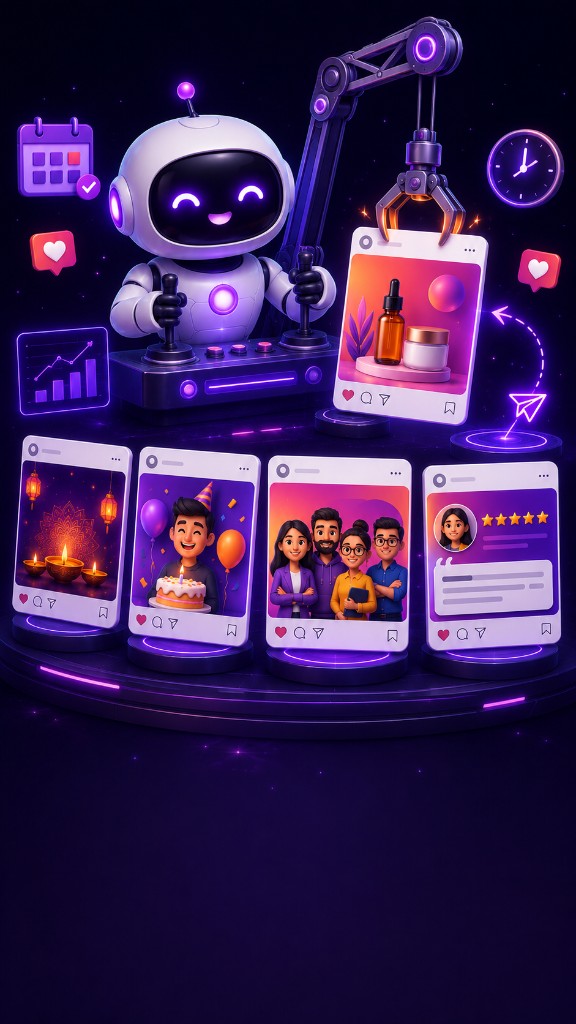 Cute AI robot automating Instagram marketing, birthday wishes and more