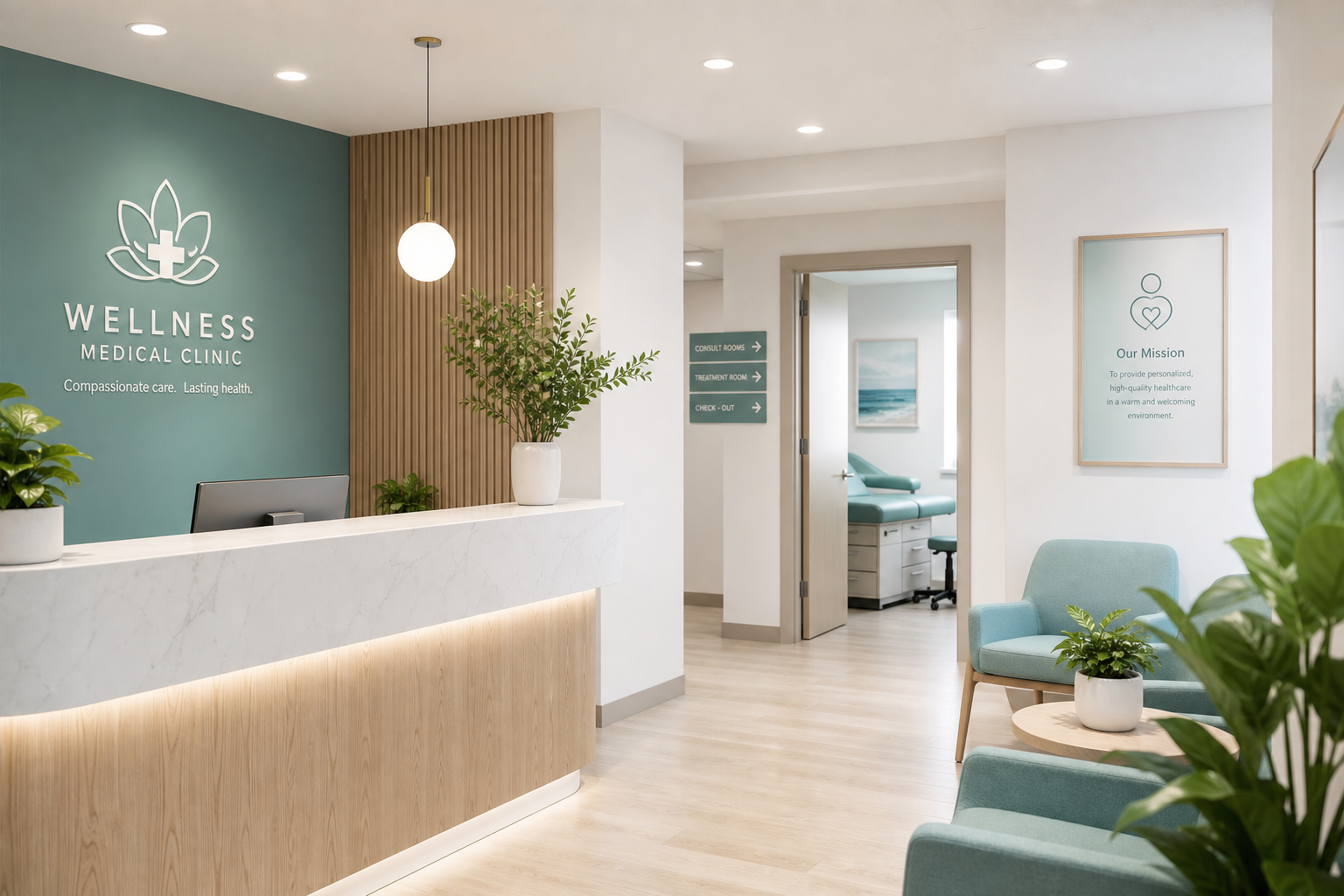 Bright, modern MediCare+ clinic reception and interior