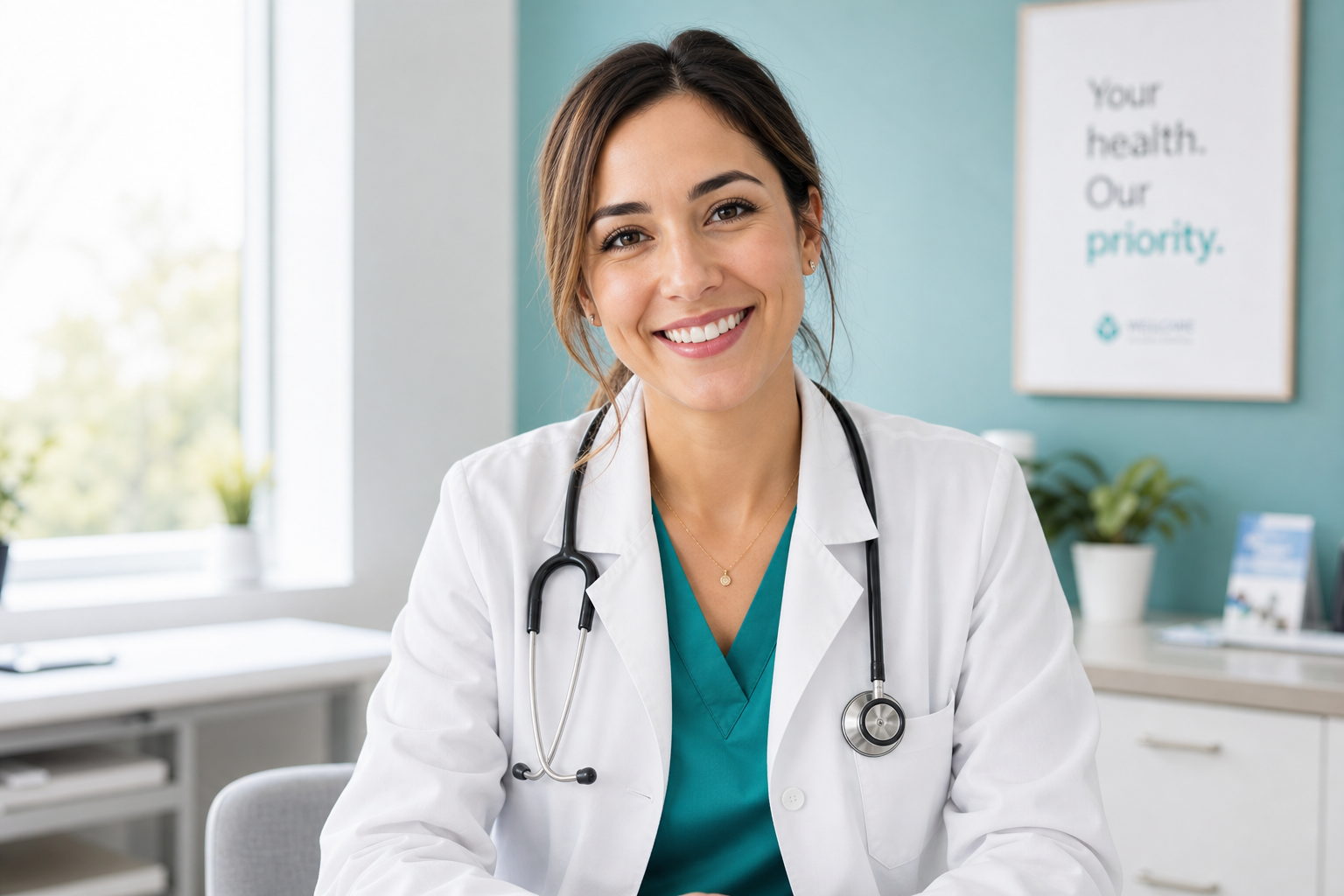 Friendly MediCare+ doctor smiling in a modern clinic