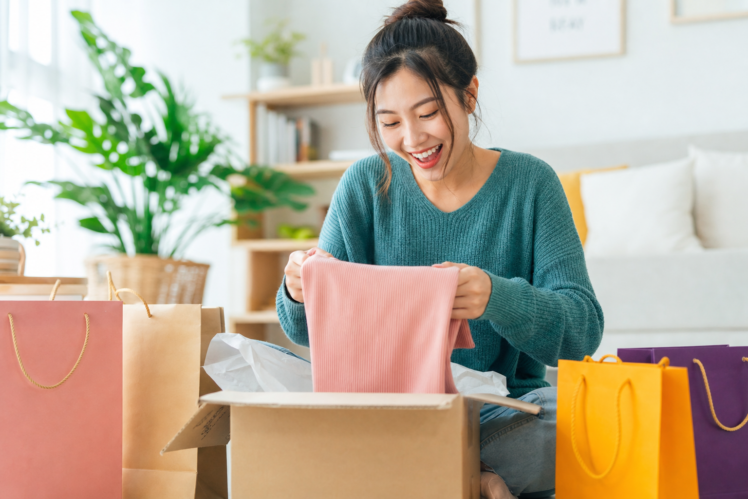 Happy customer unboxing a delivery surrounded by shopping bags
