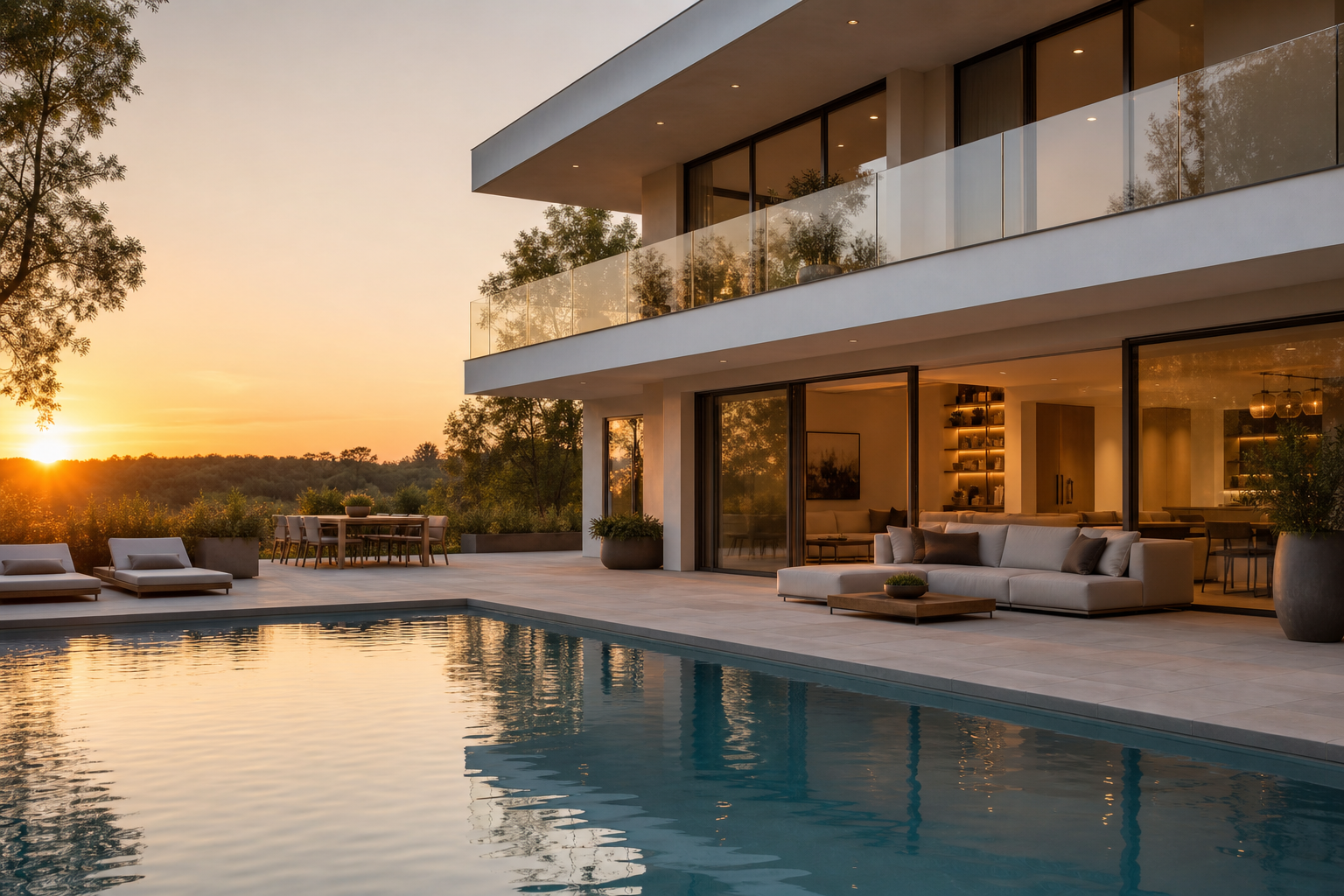 Contemporary villa with pool at golden hour