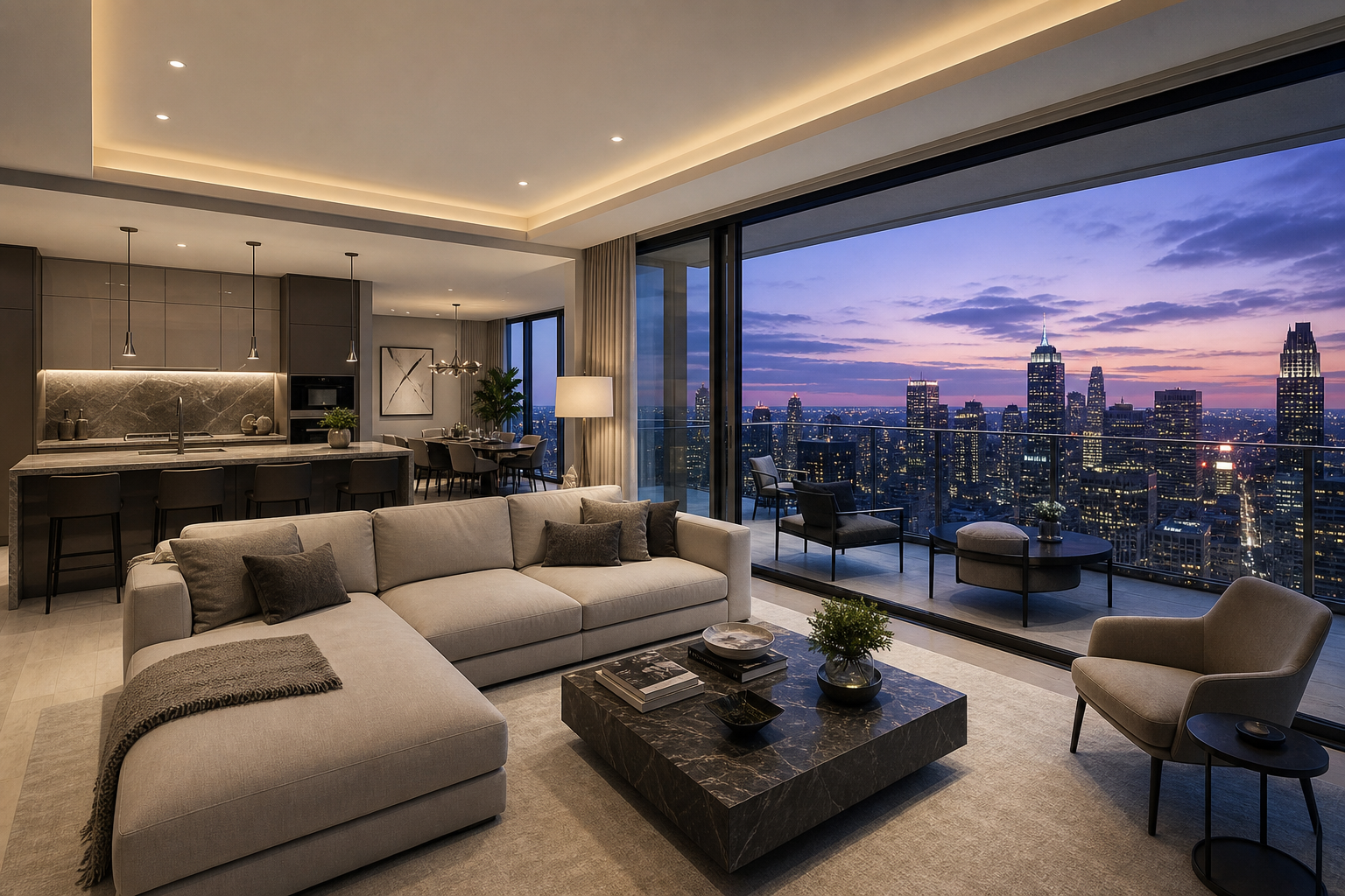 High-rise city penthouse interior with skyline view