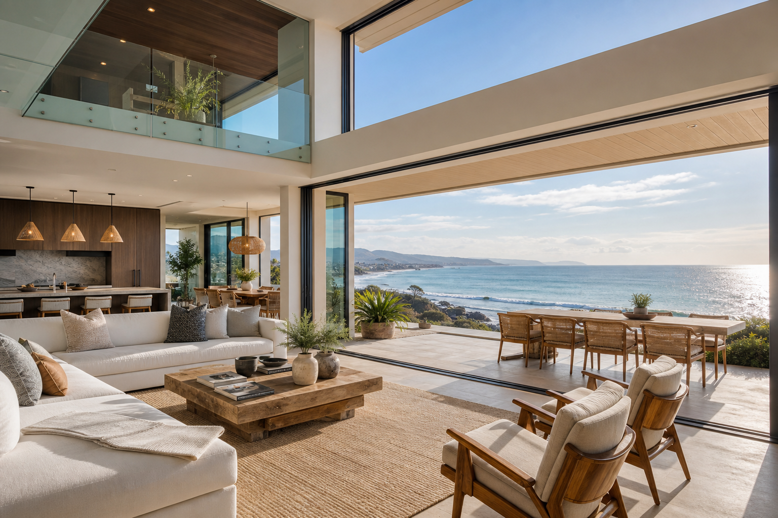 Beachfront home interior with ocean view