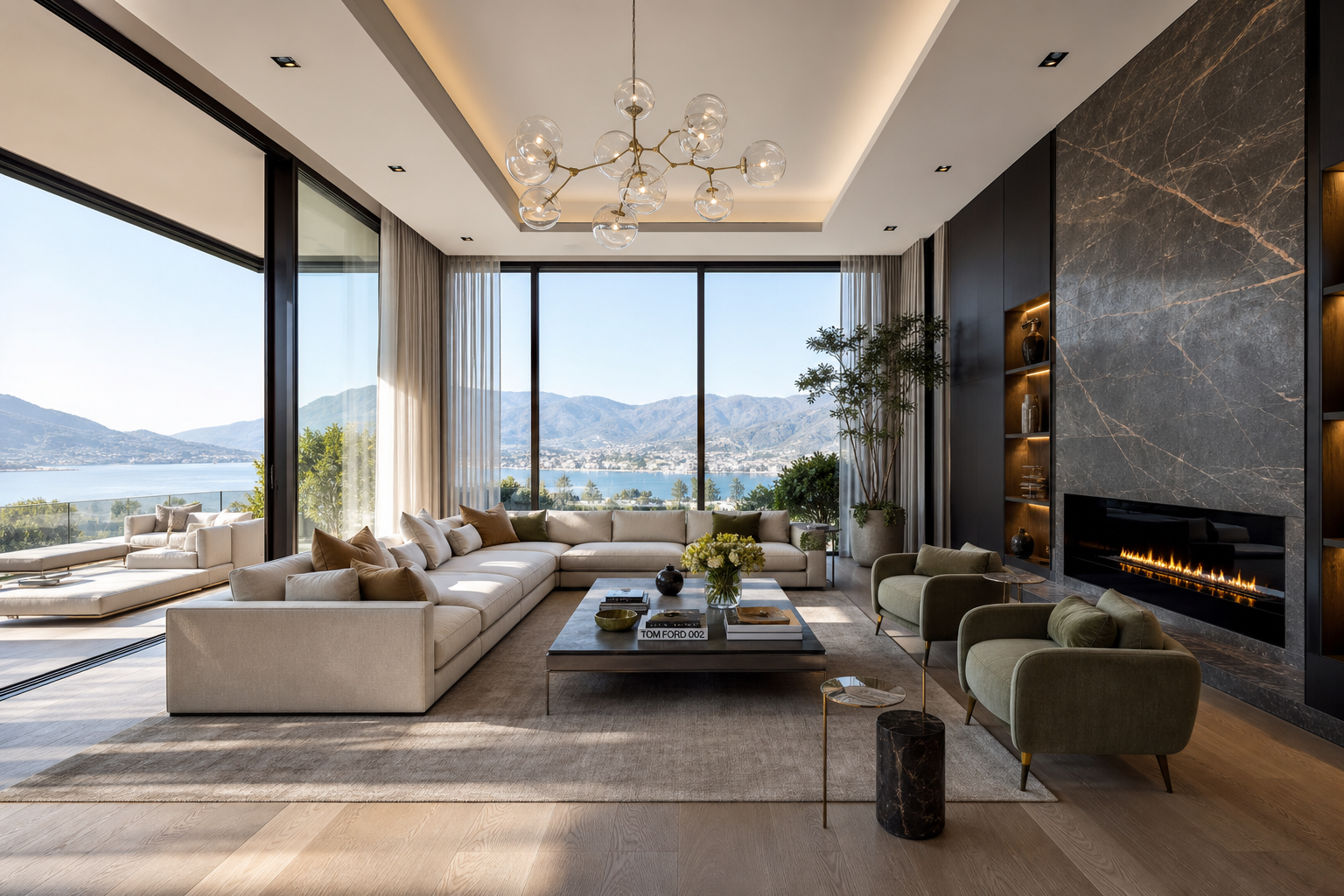 Elegant luxury living room with lake and mountain view
