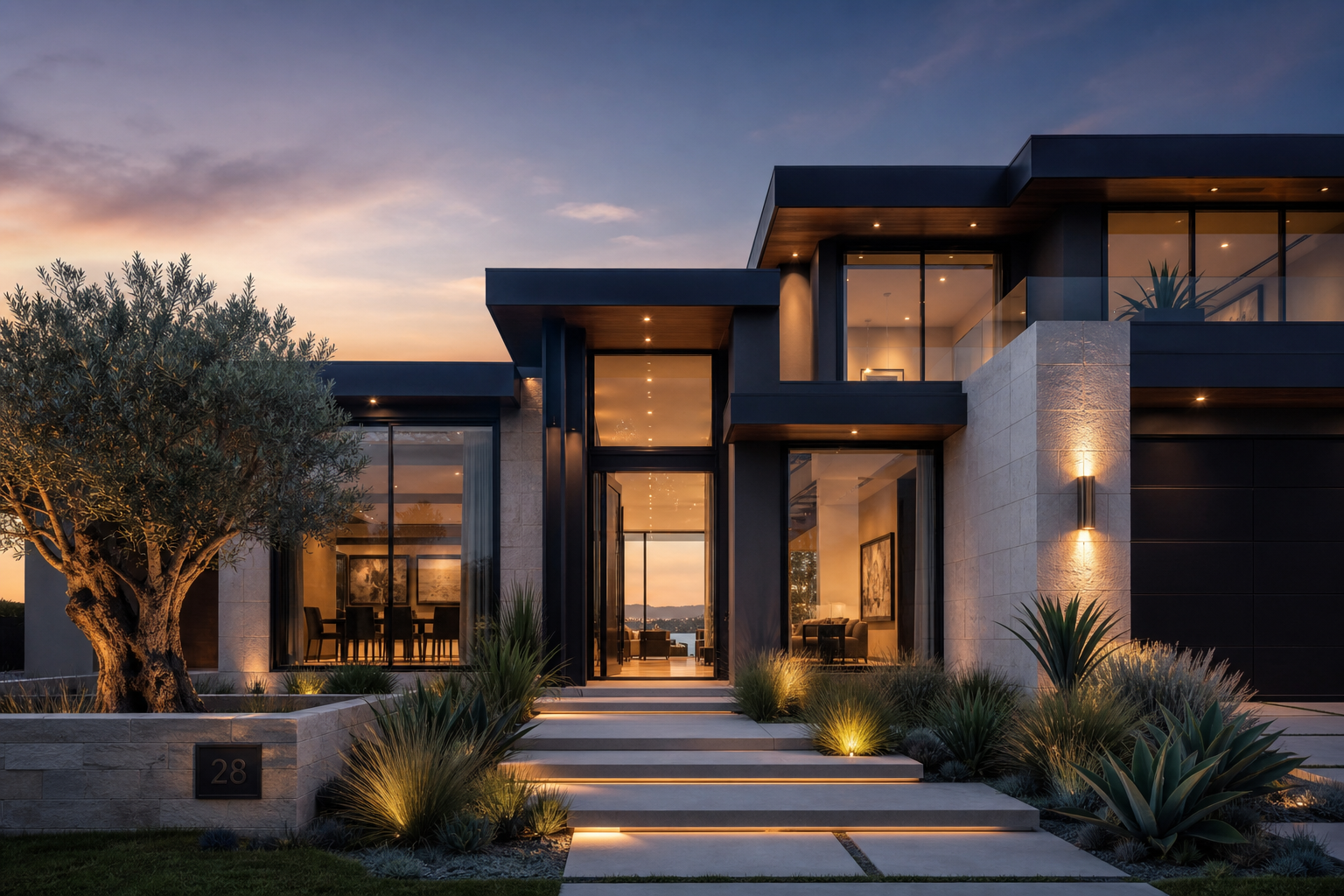 Modern luxury house exterior glowing at dusk