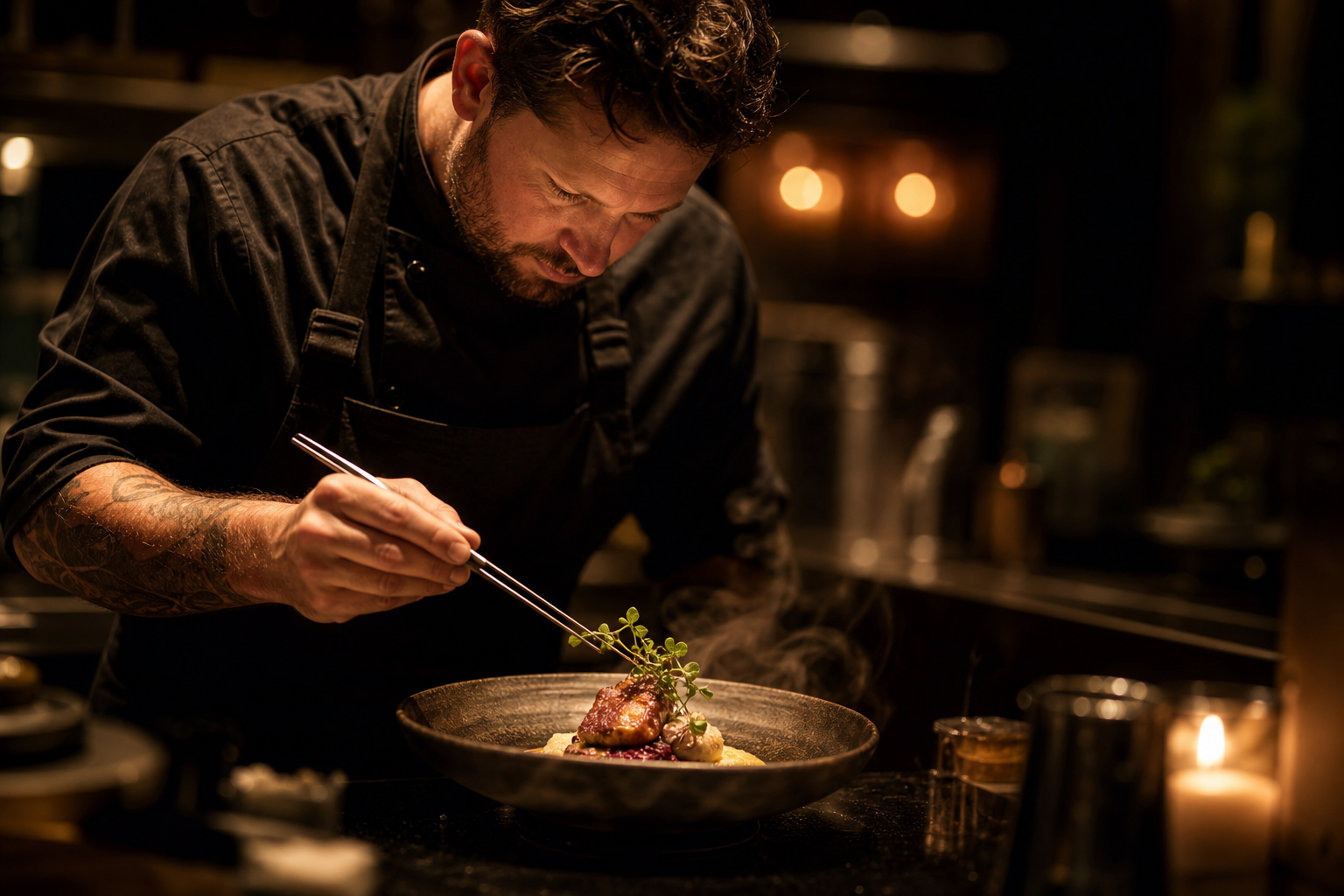 Chef plating a dish at Saffron & Sage